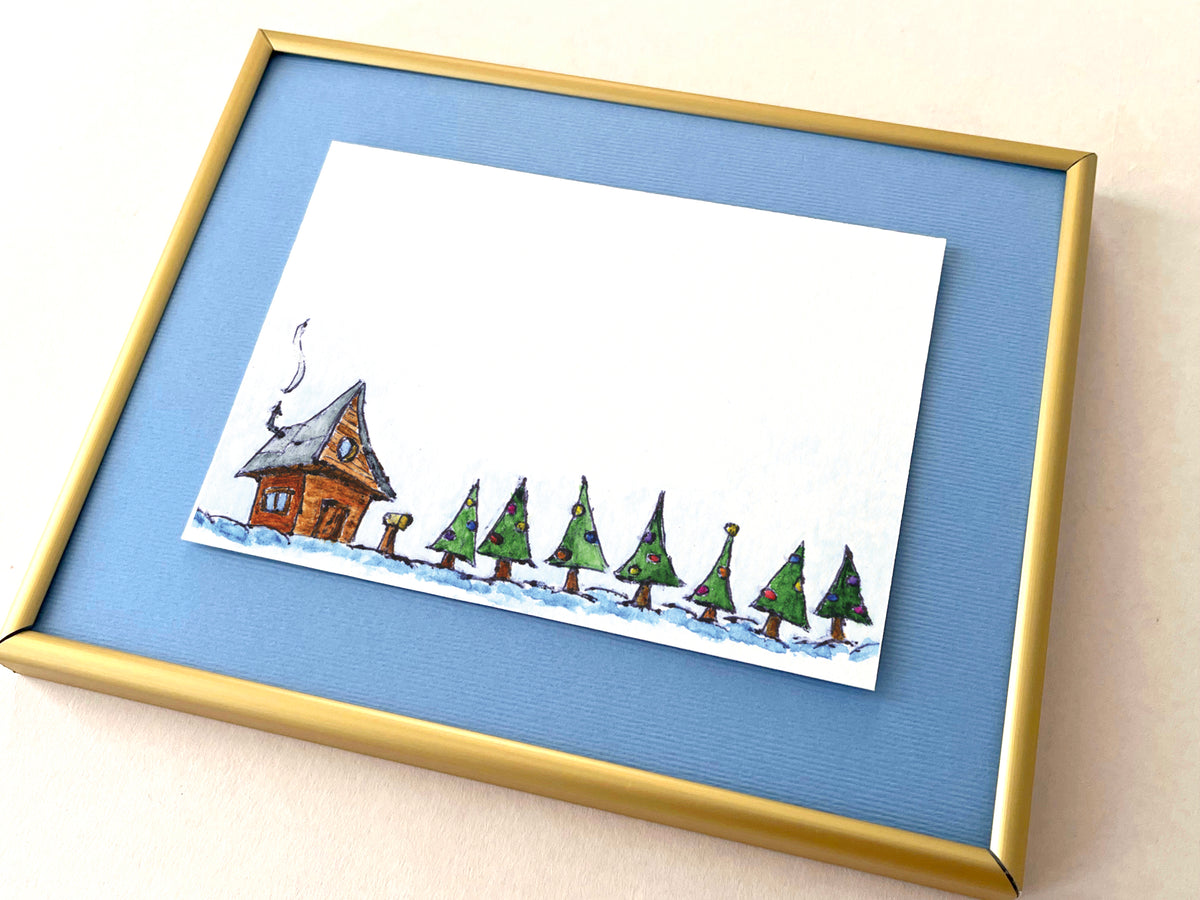 Seven trees — hand-painted watercolor greeting card, Christmas collection